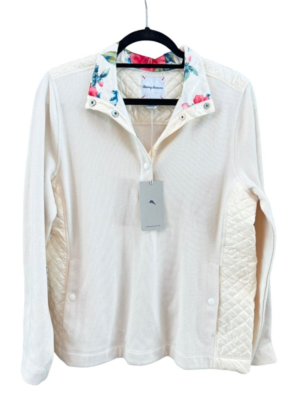 NWT Tommy Bahama L Ivory Quilted Mixed Media Floral Collar Pullover Jacket
